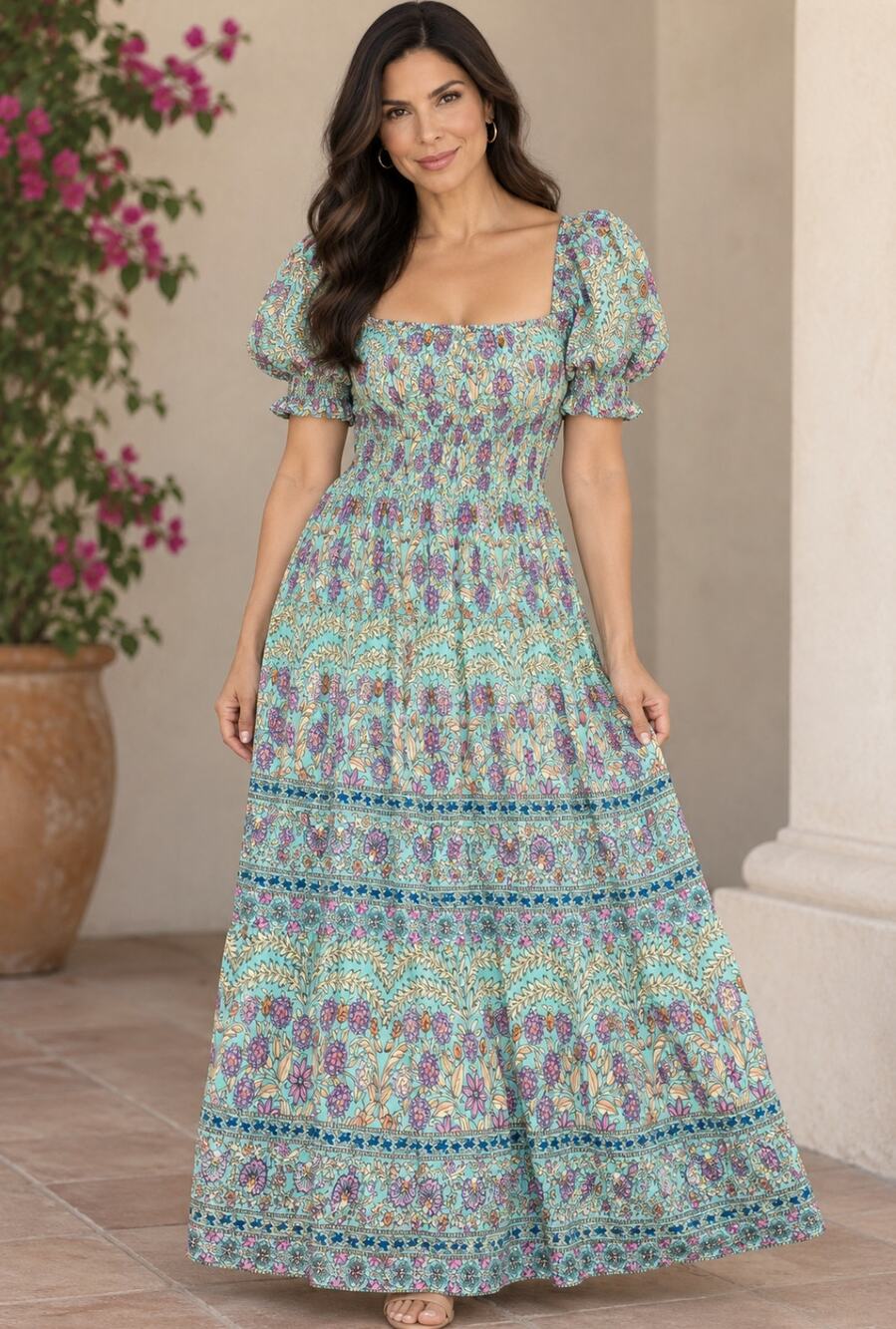 Anthropologie Kindred Teal Boho Puff Sleeve Floral Maxi Dress L Feminine Miami